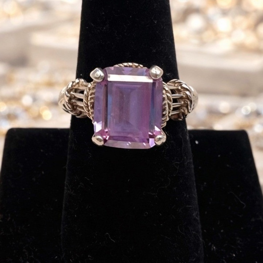 Sterling Silver Emerald Cut Amethyst Statement Cocktail Ring Size 8